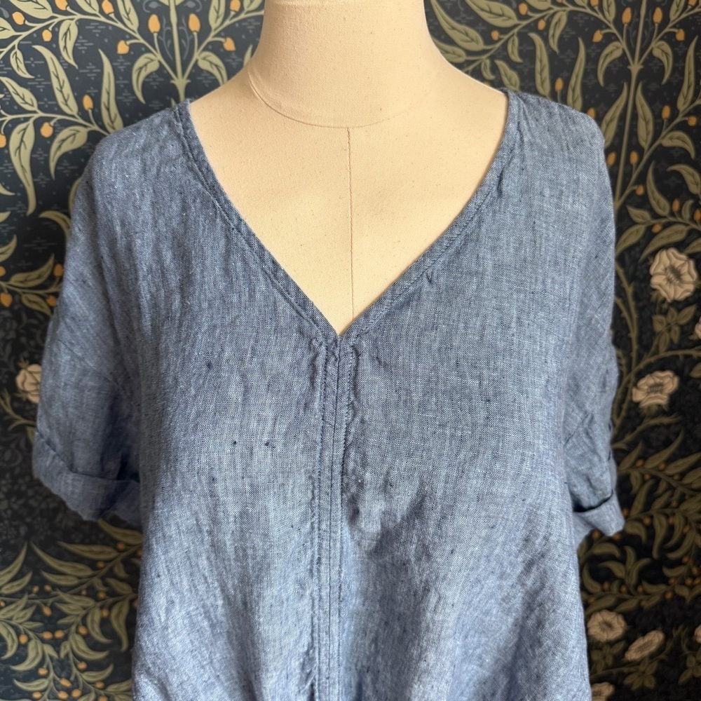 Charter Club Luxury Linen Front Tie Blue Lagenlook Top - Picture 2 of 10